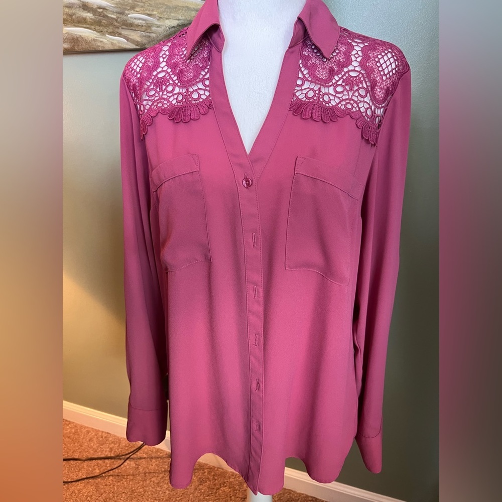 Express Rose Pink Lace-Yoke Button-Front Blouse